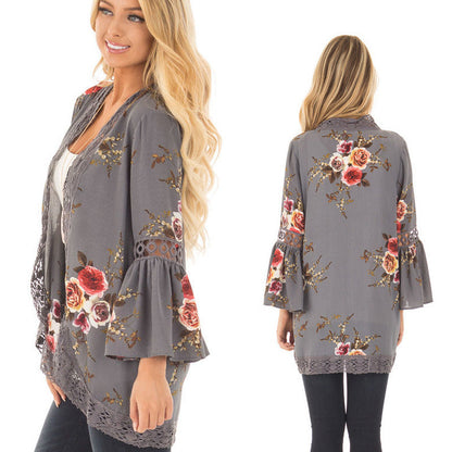 Damen Blumenjacke Gehäkelter Saum Norvielle
