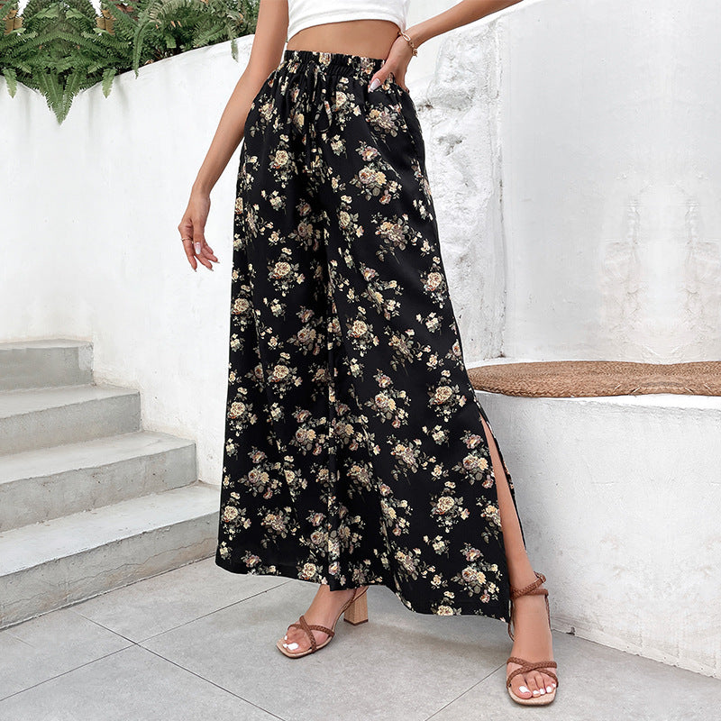 Damen Palazzo-Hose Floralmuster Seidenstoff
