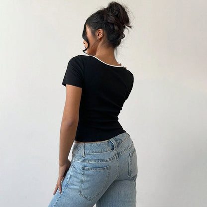 Damen Oberteil Cropped V-Ausschnitt mit Schmetterlingsknöpfen