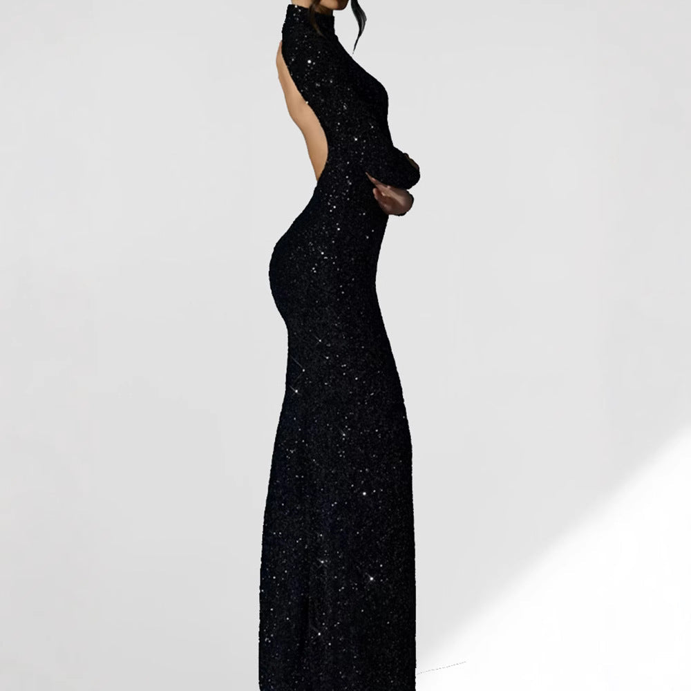 Damen Abendkleid Langarm Schimmernder Schlitz Norvielle