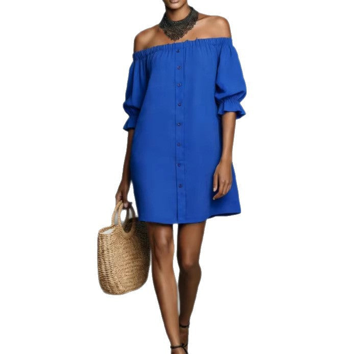 Damen Off-Shoulder Kleid Rüschen Knöpfe Norvielle
