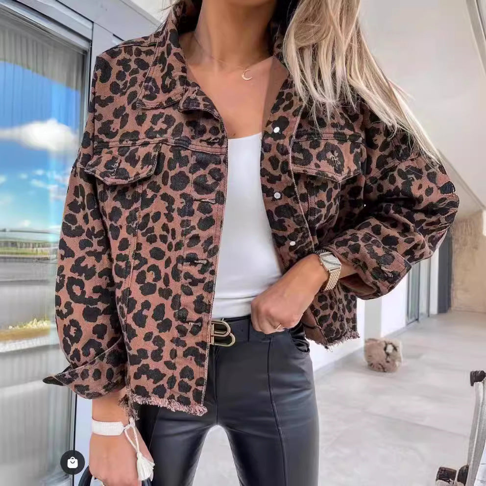Damen Leoparden-Jeansjacke Oversized Französische Säume