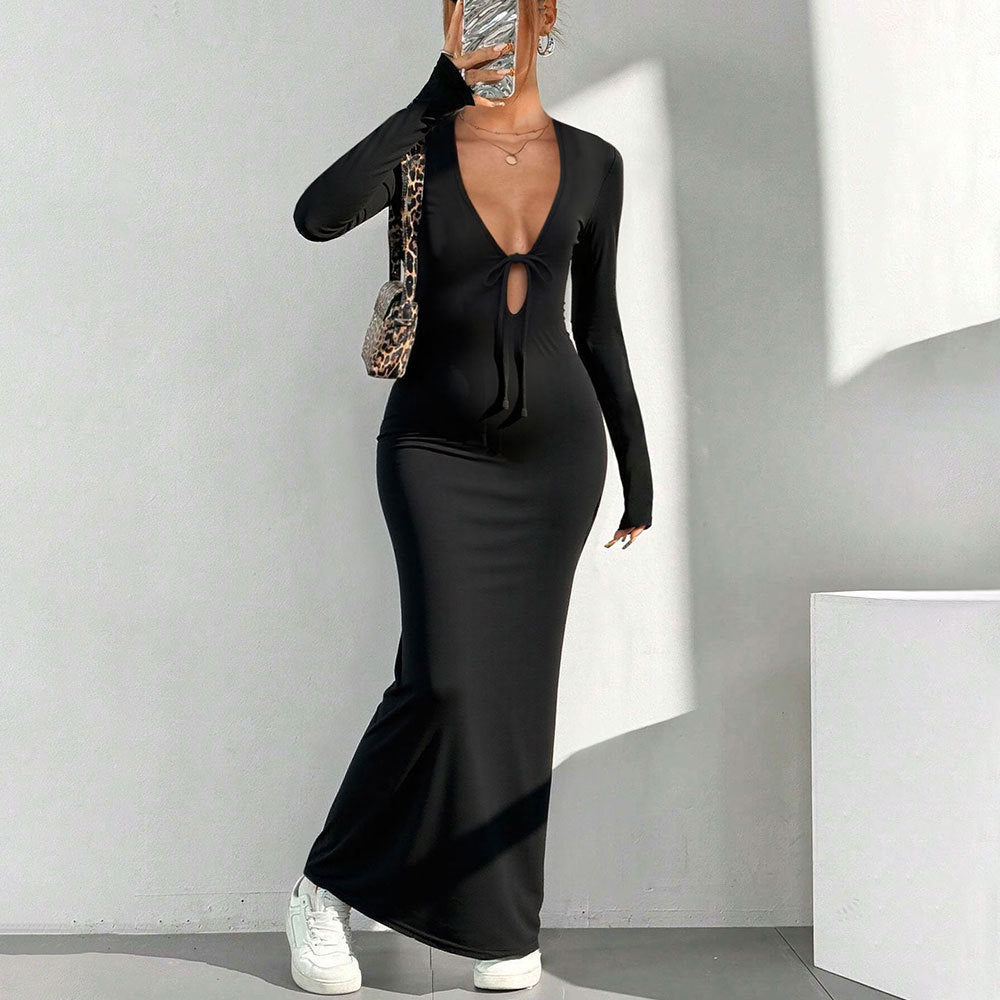 Damen Maxikleid V-Ausschnitt Knotenverschluss Norvielle
