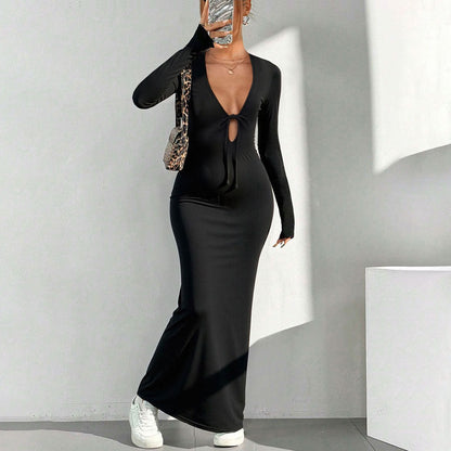 Damen Maxikleid V-Ausschnitt Knotenverschluss Norvielle