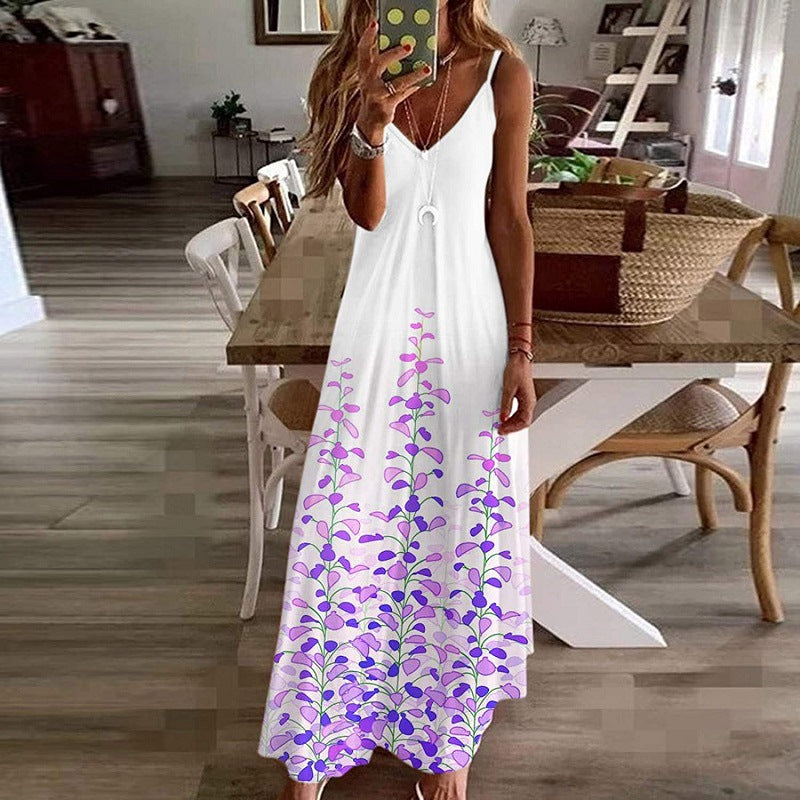 Damen Maxikleid Baumwolle Blumenprint V-Ausschnitt Luftig