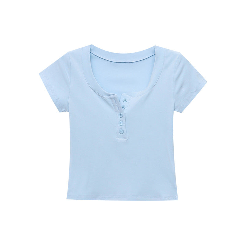 Damen T-Shirt Kurzärmelig V-Ausschnitt mit Knopfleiste