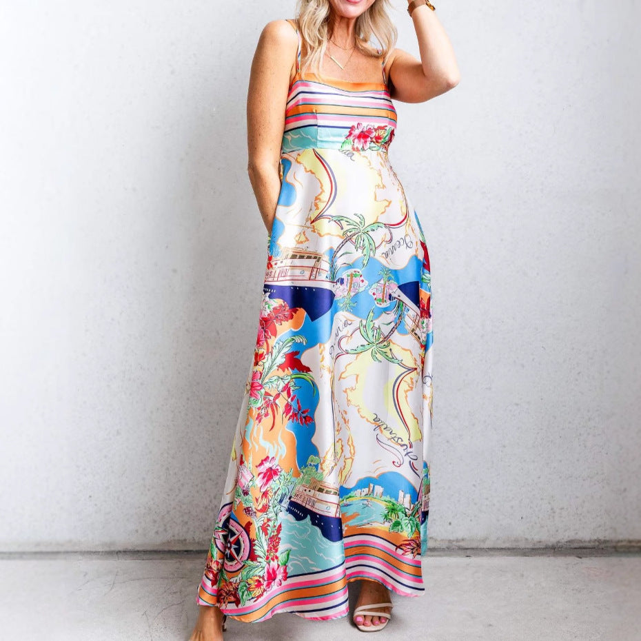 Damen Maxikleid Bunter Druck Spaghettiträger - Norvielle