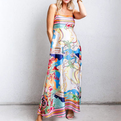 Damen Maxikleid Bunter Druck Spaghettiträger - Norvielle