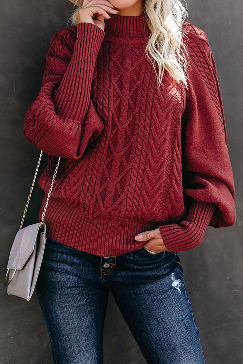 Damen Grobstrickpullover Stehkragen Ballonärmel Norvielle