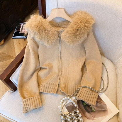 Damen Strickjacke Abnehmbarer Kunstfellkragen Beige - Norvielle