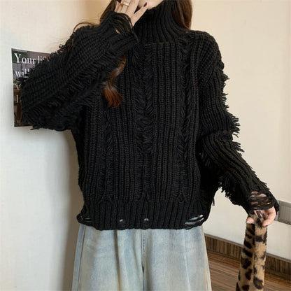 Damen Grobstrickpullover Hochkragen Fransen Norvielle