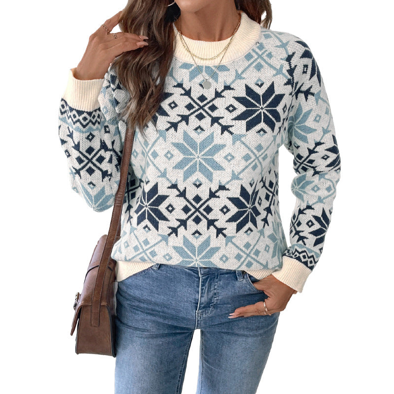 Damen Strickpullover Rundhalsausschnitt Wintermuster Norvielle
