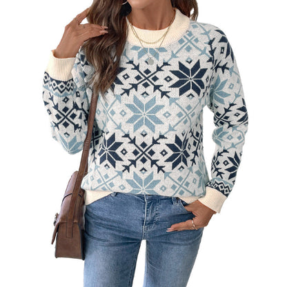 Damen Strickpullover Rundhalsausschnitt Wintermuster Norvielle