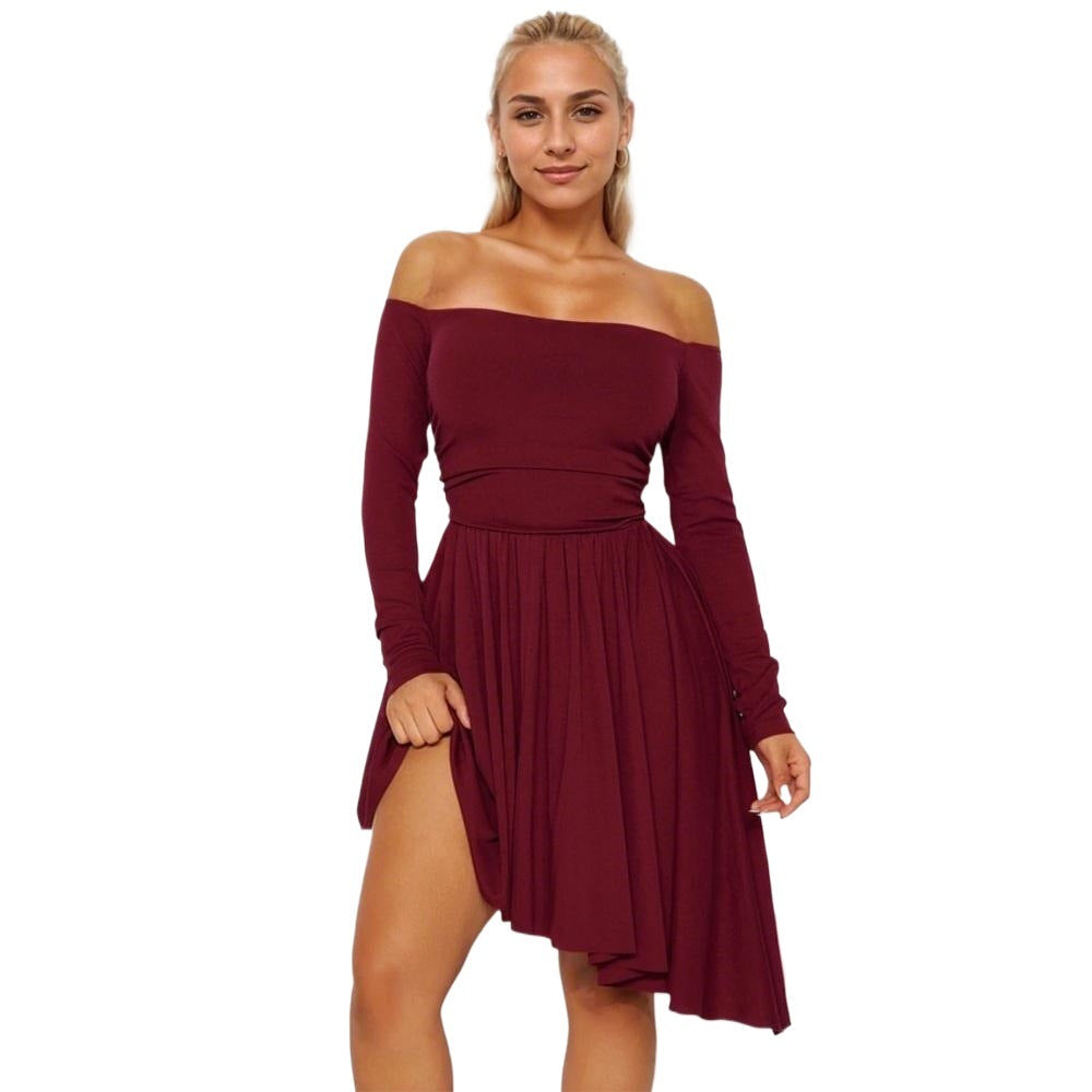 Damen Off-Shoulder Midi-Kleid Asymmetrisch Langärmlig