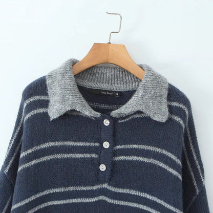 Damen Pullover Kontrastkragen Modern Streifen