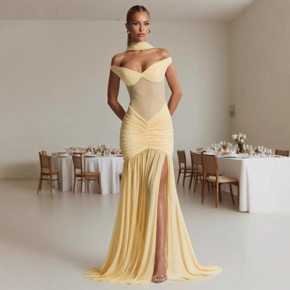 Damen Maxikleid Schulterfrei Raffung Norvielle
