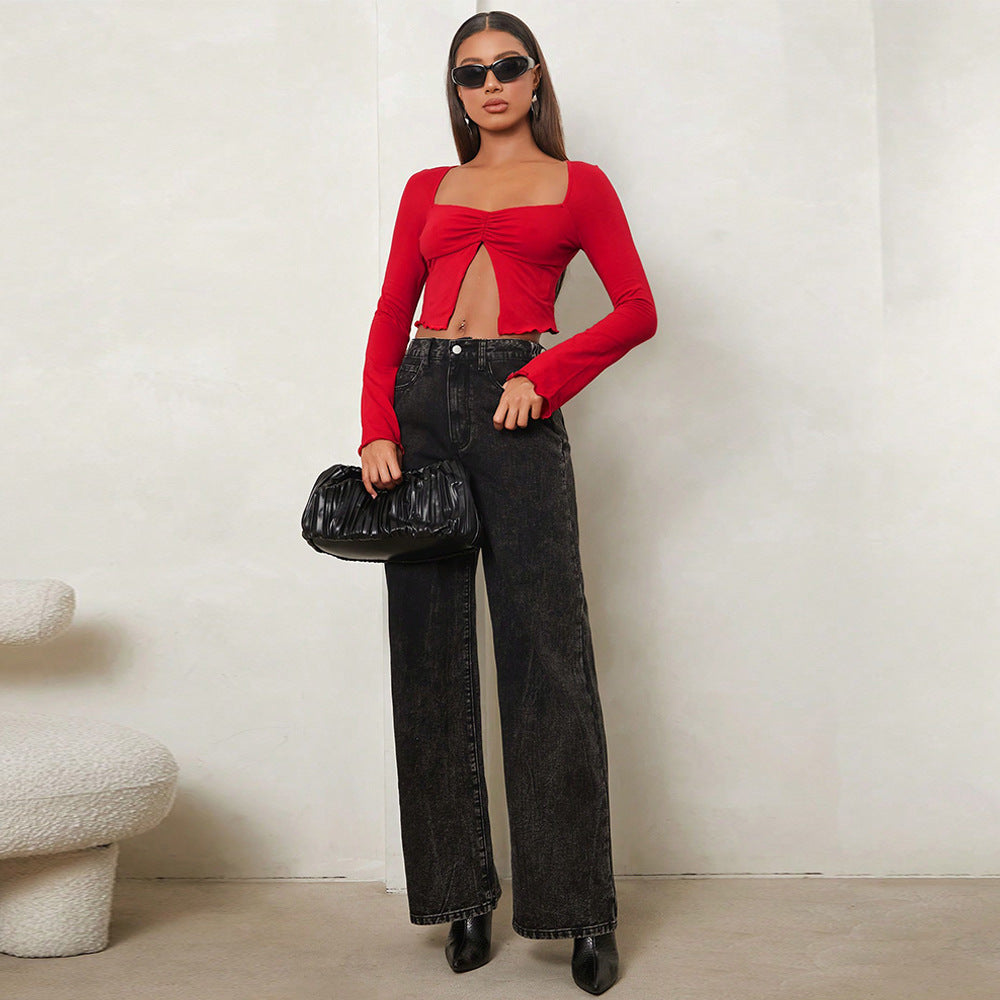 Damen Crop- Langärmlig mit Raffung Norvielle