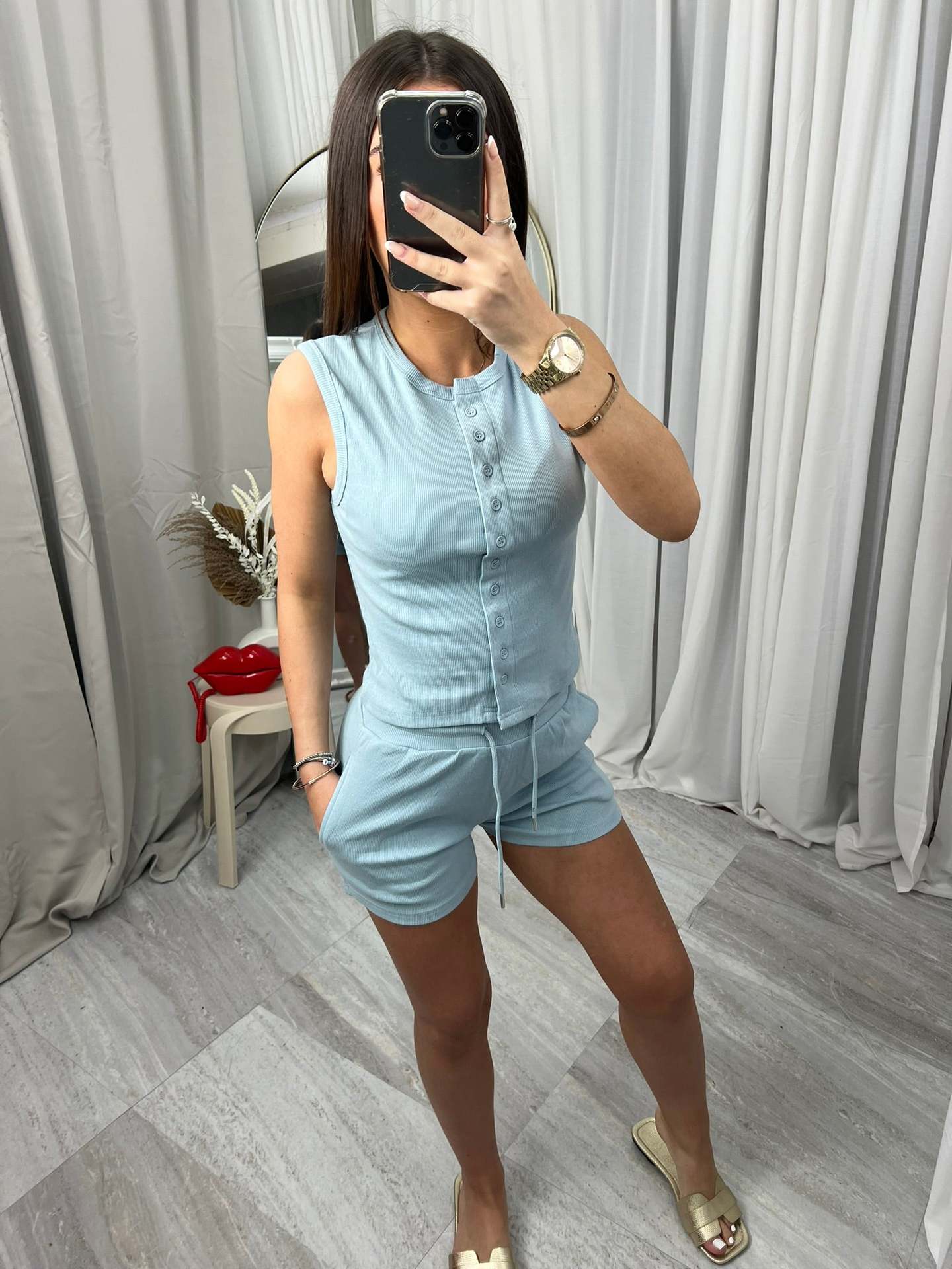 Damen Kurzoverall Set Knopfverschluss Verstellbar