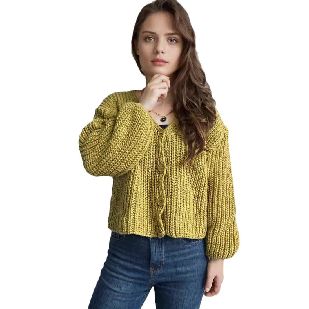 Damen Cropped Strickjacke Grobmaschig Große Knöpfe Beige