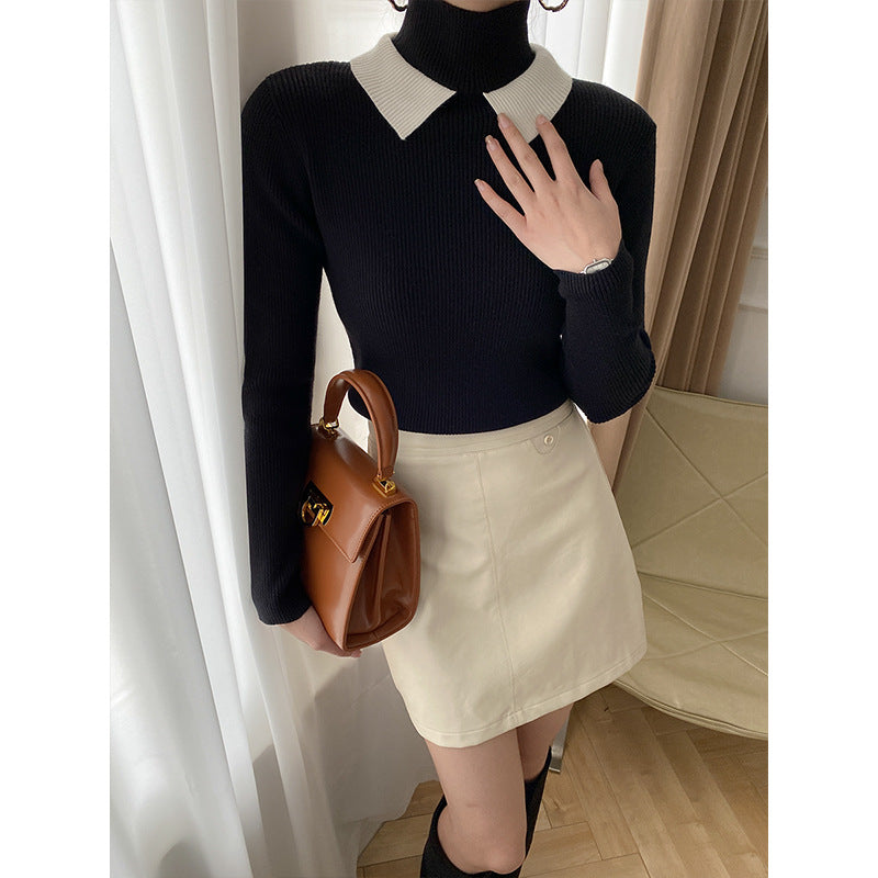 Damen Strickpullover Stehkragen Kontrastkragen Norvielle - Norvielle
