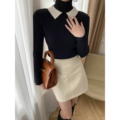 Damen Strickpullover Stehkragen Kontrastkragen Norvielle - Norvielle