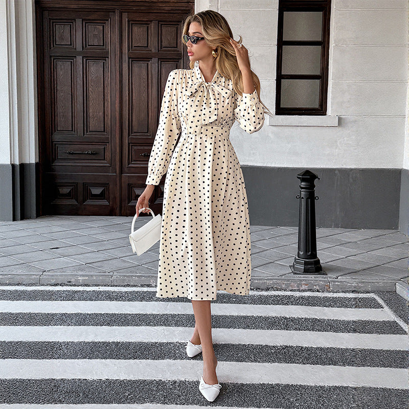 Damen Polka-Dot Midi-Kleid mit Bindekragen und langen Ärmeln