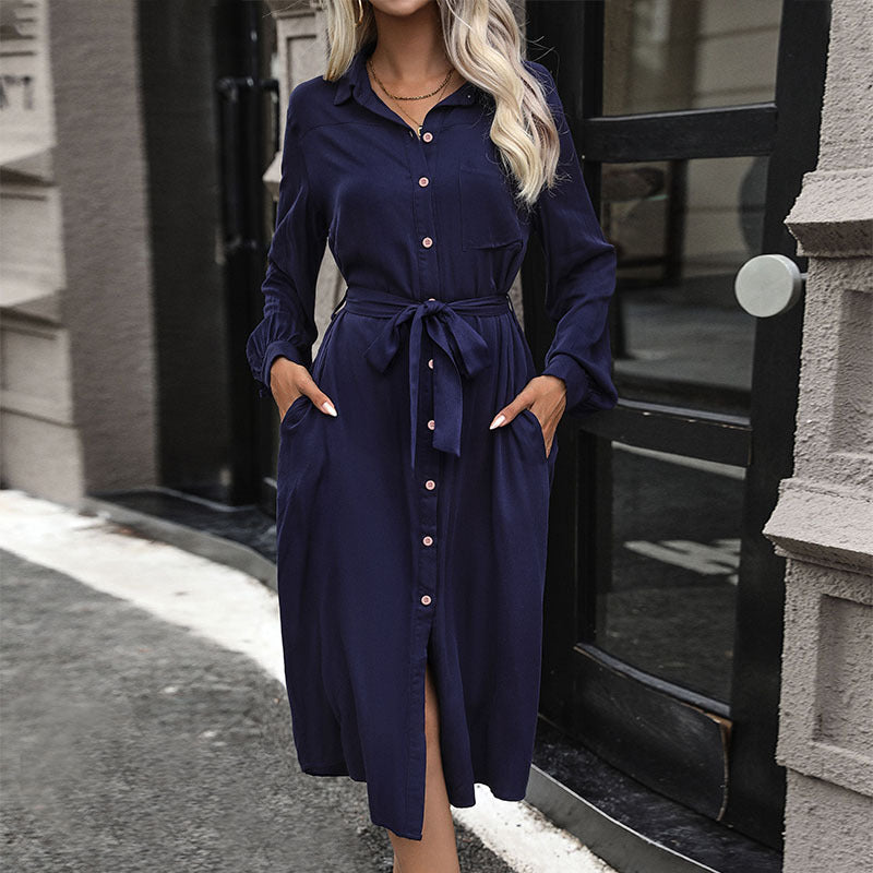 Damen Hemdblusenkleid mit Gürtel und Schlitz