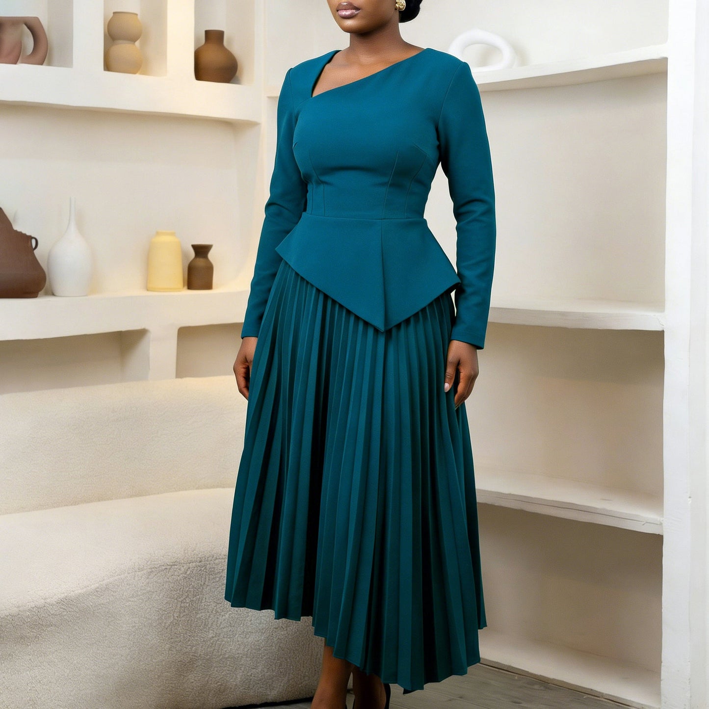 Damen Midi-Kleid Asymmetrisch Gefaltet