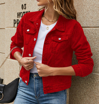 Damen Jeansjacke Klassischer Schnitt Mit Taschen