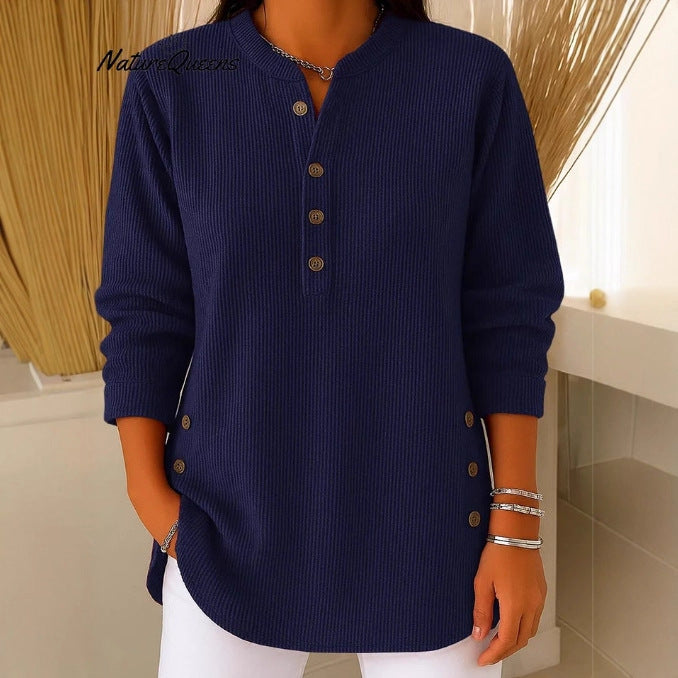 Damen Langarmshirt Knopfleiste Seitenknöpfe Modern Norvielle