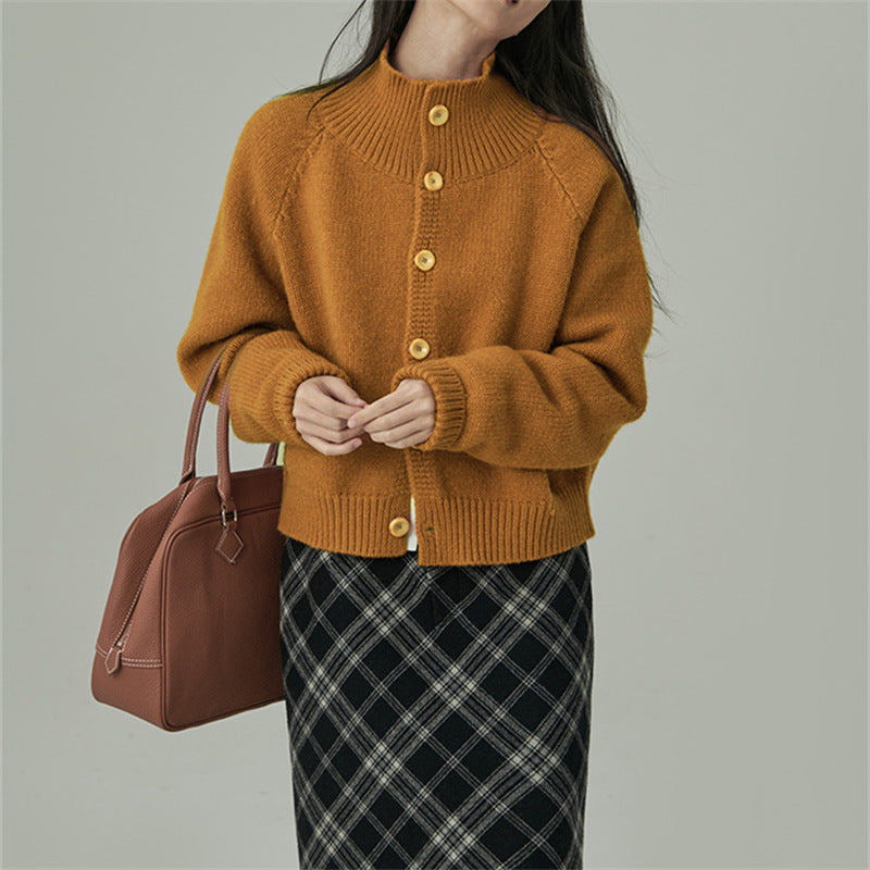 Damen Strickjacke Hochkragen Große Holzknöpfe Norvielle