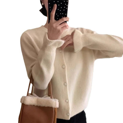 Damen Strickjacke Kuschelig Perlenknöpfe Beige