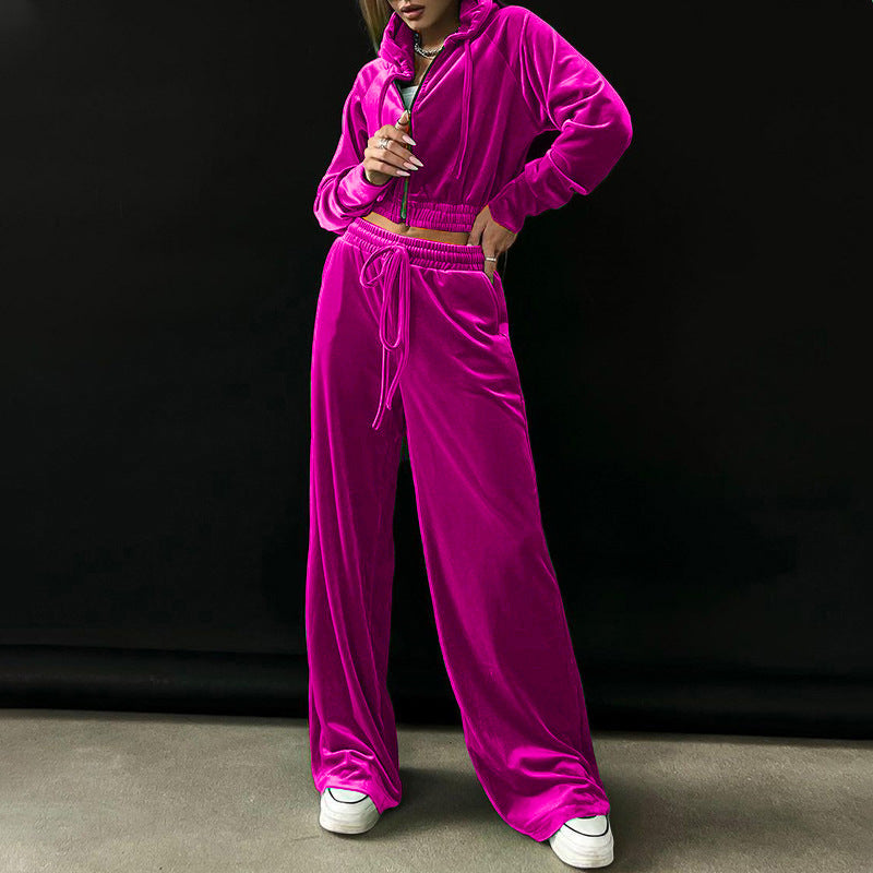 Damen Velour Jogginganzug Hoch Bund Schwarz - Norvielle