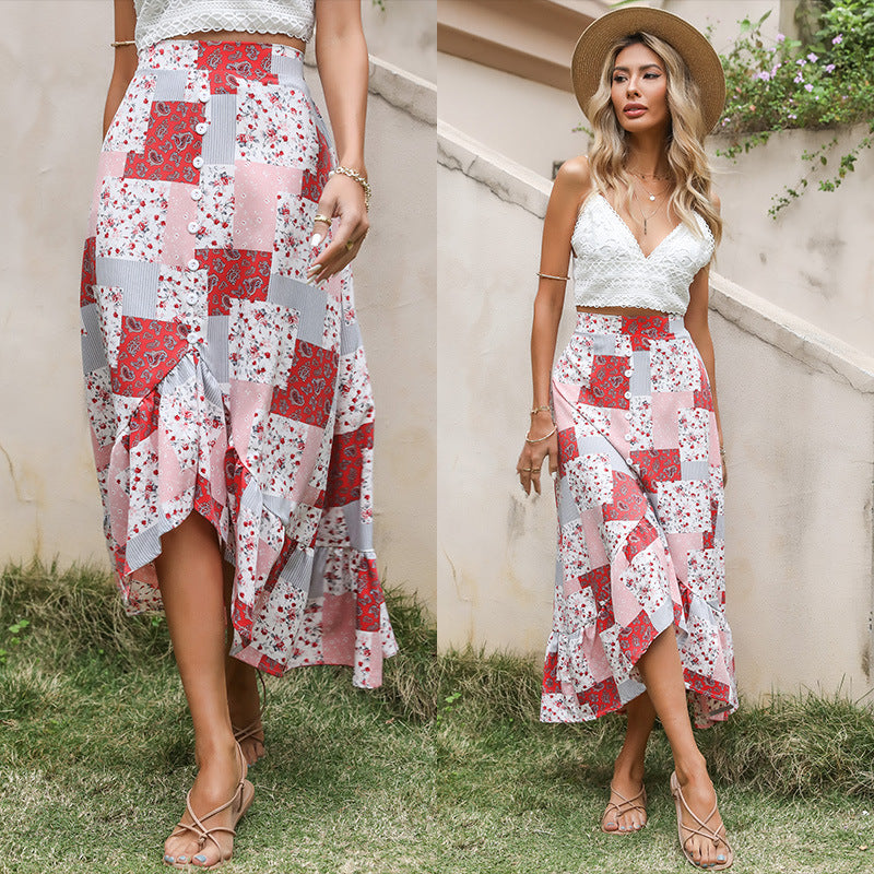 Damen Maxi-Rock Patchwork-Design Knöpfe Multicolor