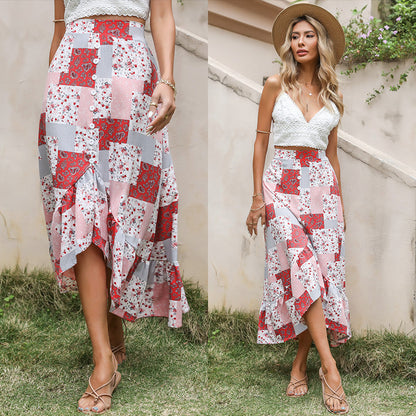 Damen Maxi-Rock Patchwork-Design Knöpfe Multicolor