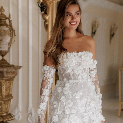 Damen Hochzeitskleid Florales Design Transparente Ärmel Weiß - Norvielle