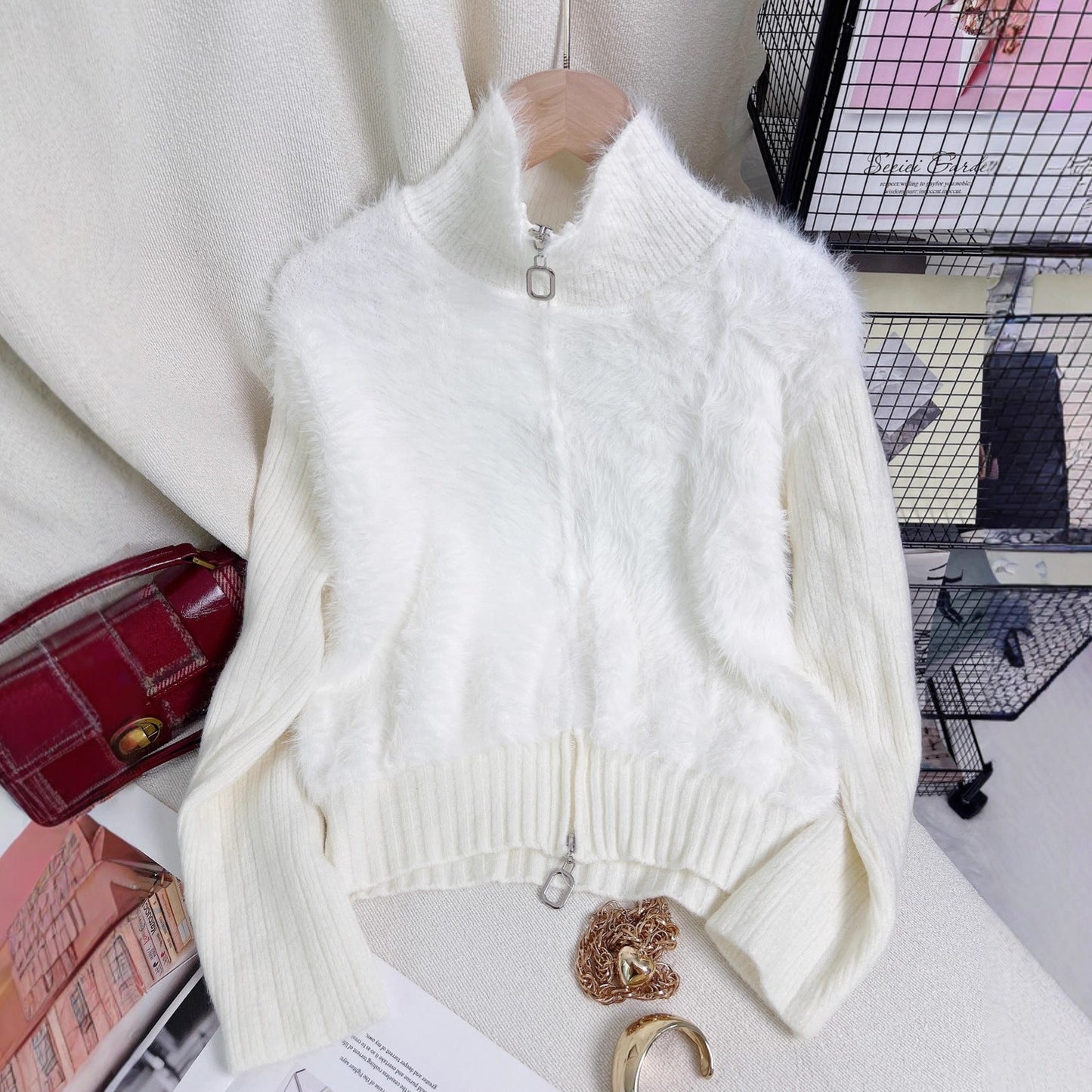 Damen Strickpullover Wärmeisolierend Hochkragen Fleece Einsätze Grau - Norvielle