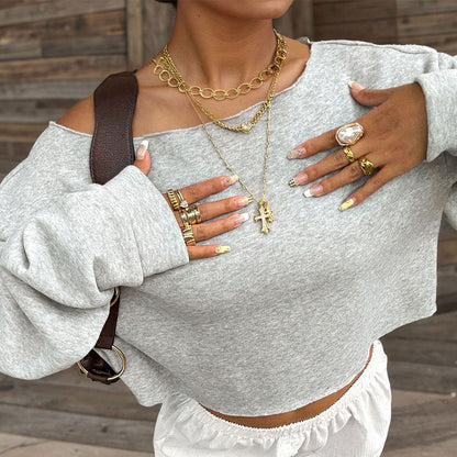 Damen Oversized Sweatshirt Schulterfrei Weiches Innenfleece