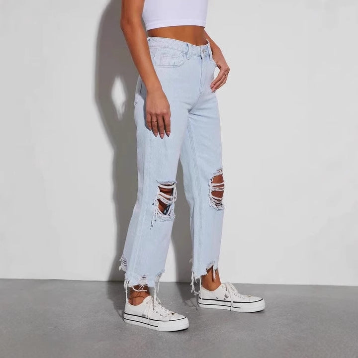 Damen Destroyed Jeans Weites Bein Rissig Norvielle