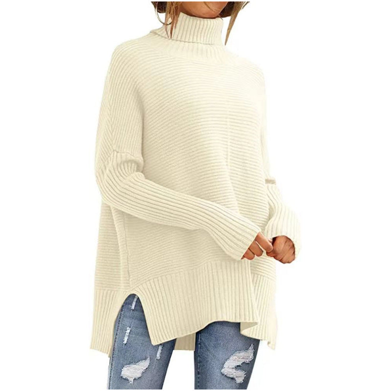 Damen Rollkragenpullover Feine Rippstruktur Asymmetrisch Beige