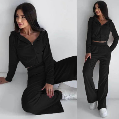Damen Velours-Loungewear-Set mit Cropped-Jacke und Hosen