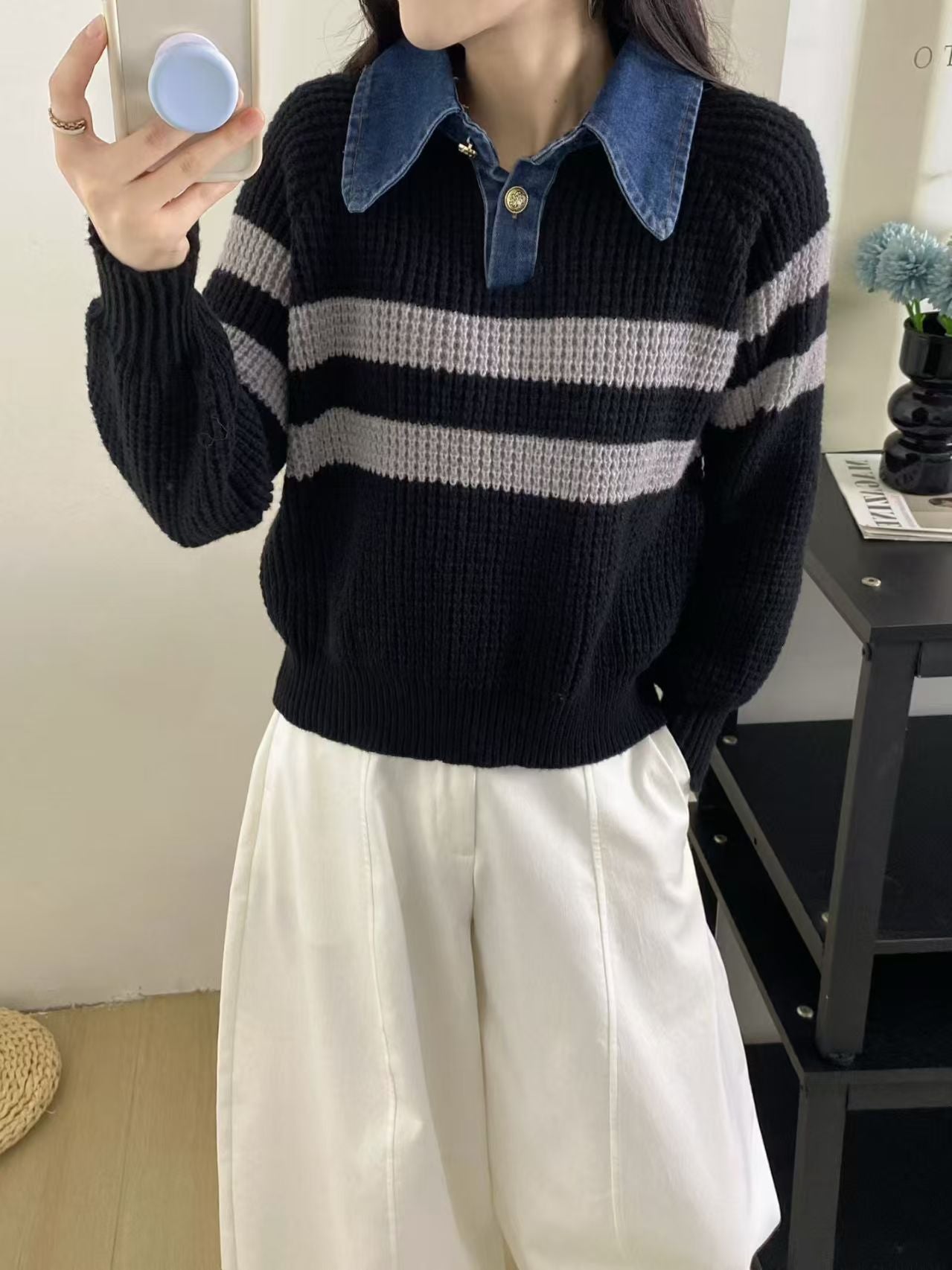 Damen Strickpullover Kragen Gestreift Norvielle
