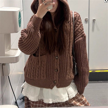 Damen Grobstrickjacke Kapuze Große Taschen Norvielle