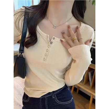 Damen Langarmshirt Knopfleiste Rippstruktur Weiß - Norvielle