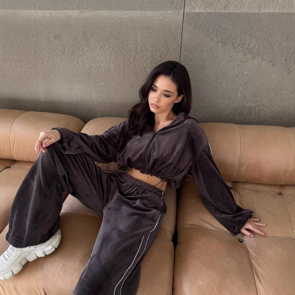 Damen Velours-Loungewear-Set Cropped Oberteil Weite Hose Beige