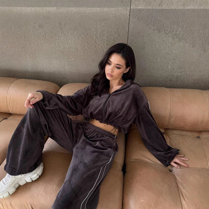 Damen Velours-Loungewear-Set Cropped Oberteil Weite Hose Beige