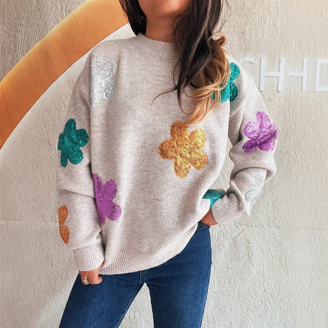 Damen Pullover Bunt Paillettenblumen Norvielle - Norvielle