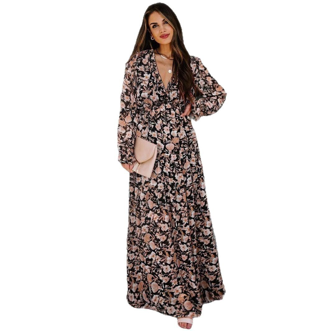 Damen Maxikleid Floraler Druck V-Ausschnitt