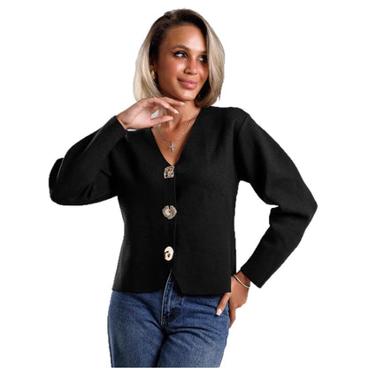 Damen Strickjacke V-Ausschnitt Goldknöpfe Norvielle