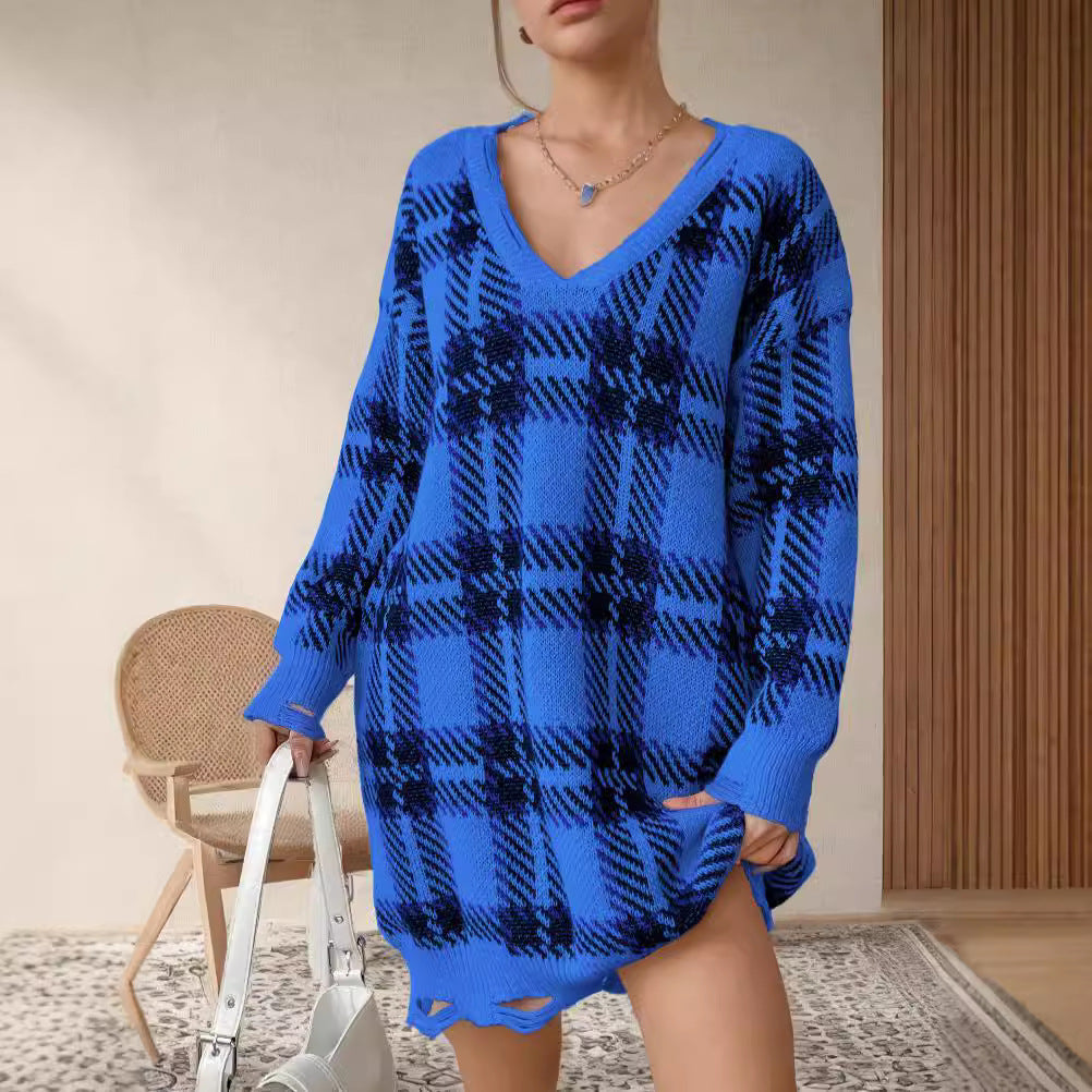 Damen Oversized Pullover V-Ausschnitt Kariert Norvielle